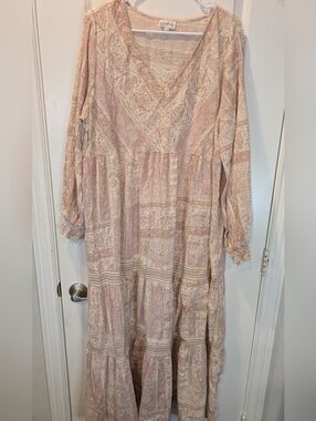 Wonderly 3X Boho Paisley Midi Dress Pink Cream Tiered Cotton Plus Size